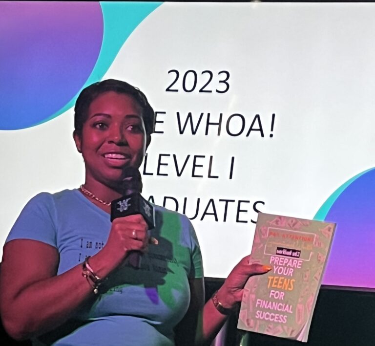 Empowering the next generation of performers! The Executive Director of The Funches Foundation celebrates the incredible achievements of WHOA Mentoring Works graduates, presenting them with Pay Attention! Generational Wealth Activity Books, at their end of the year showcase.